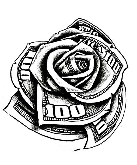 Money And Time Tattoo, Crip Tattoos Designs, Money Rose Tattoo Stencil Outline, Money Roll Tattoo Design, Rose Money Tattoo, Money Rose Tattoo Stencil, Money Bag Tattoo Design, Money Bag Tattoo On Hand, Get Rich Or Die Trying Tattoo