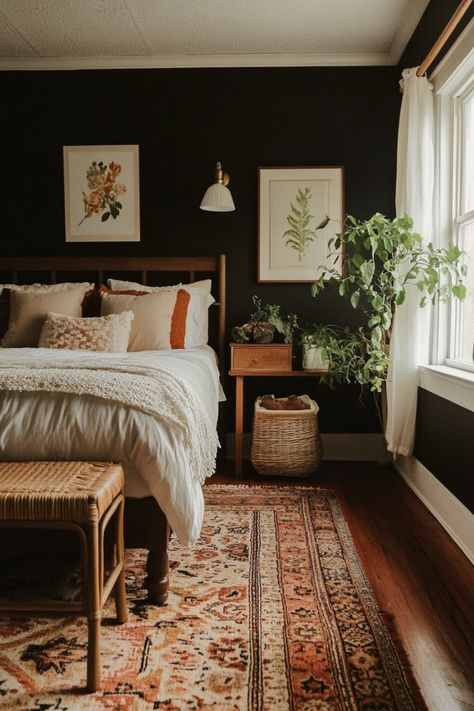 See exactly how to style a dark boho bedroom with these tips and tricks. Dark Bedroom Ideas Cozy Boho, Bureau Decor Bedroom, Dark Boho Master Bedrooms Decor, Boho With Black Furniture, Industrial Chic Bedroom Ideas, Dark Moody Earthy Bedroom, Dark Green Bedroom Decor Ideas, Dark Boho Room Ideas, Black Earthy Bedroom