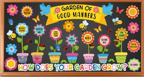 2023 Bulletin Boards, Display Board Border Ideas, Manners Chart, Garden Theme Classroom, School Board Ideas, Color Activities For Toddlers, Soft Board Decoration, Cool Classroom Ideas, Board Decoration Ideas