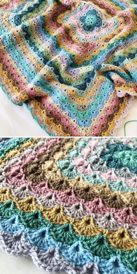 Dune Blanket - Shell Stitch Blanket - Ideas and Resources | Crochetpedia Crochet Shell Square, Shell Stitch Crochet Blanket Pattern Free, Crochet Shells Blanket, Shell Granny Square Crochet, Beautiful Shells Crochet Blanket, Shell Blanket Crochet, Scrap Yarn Crochet Blanket Pattern Free, Scrap Crochet Blanket, Shell Crochet Blanket