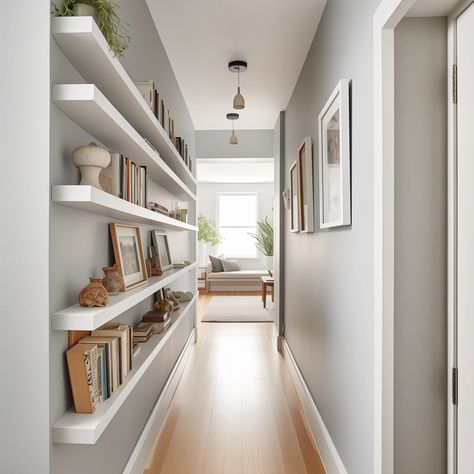 Narrow Hallway Decorating Ideas - Samplize Blog Narrow Hallway Shelf, Hallway Long Narrow, Wall Decor Hallway Narrow, Narrow Hallway Decorating Farmhouse, Narrow Long Entryway Ideas, Long Wide Hallway Decorating, Narrow Passage Ideas, Long Hallway Storage Ideas, Small Narrow Hallway Decorating