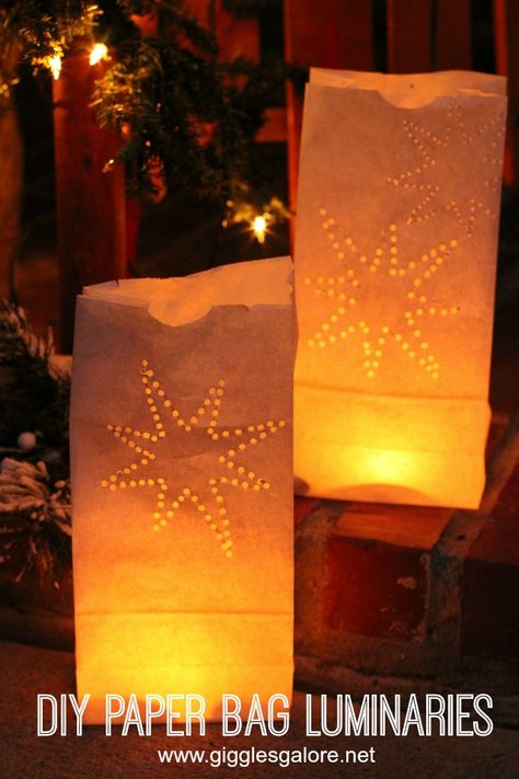 Light up the night this Holiday with these DIY Paper Bag Luminaries! Luminaries Paper Bag, Paper Bag Luminaries, Paper Bag Lanterns, Paper Bag Decoration, Luminary Bags, Luminary Diy, Luminaries Bags, Diy Paper Bag, Monster Valentines