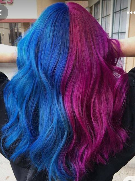 Half Purple Half Red Hair, Split Dye Hair Ideas, Dye Hair Ideas, Split Dye Hair, Half And Half Hair, Split Dye, Split Dyed Hair, Dip Dye Hair, Cute Hair Colors