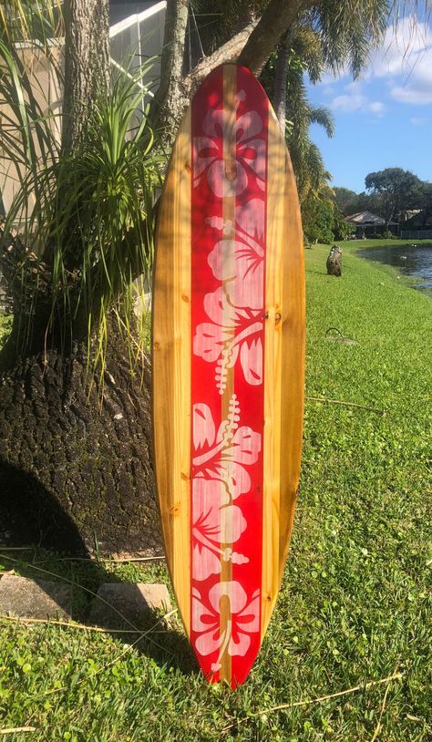 Red Vintage Distressed Style Surfboard Wall Art & Decor | Customizable | Wood Surfboard Decor, Beach House Decor, Coastal Decoration - 5 foot: 60 x 14.5 x .75 inches / Vertical Jamaica Decor, Painted Surfboard Ideas, Surf Boards Designs, Old Surfboard, Beach Girlie, Surfboard Decoration, Surfboard Artwork, Surfboards Artwork, Surfboard Art Design