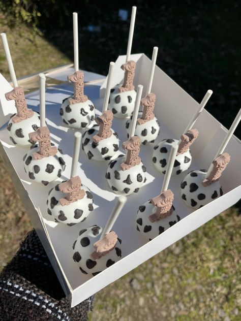 Cow Themed Birthday Party Desserts, Rodeo Cakesicles, Cowprint Cake Pops, Cow Cake Pops Diy, Cow Print Treat Table, First Rodeo Cake Pops, First Rodeo Treats, Cow Theme Treats, Cow Cakepops