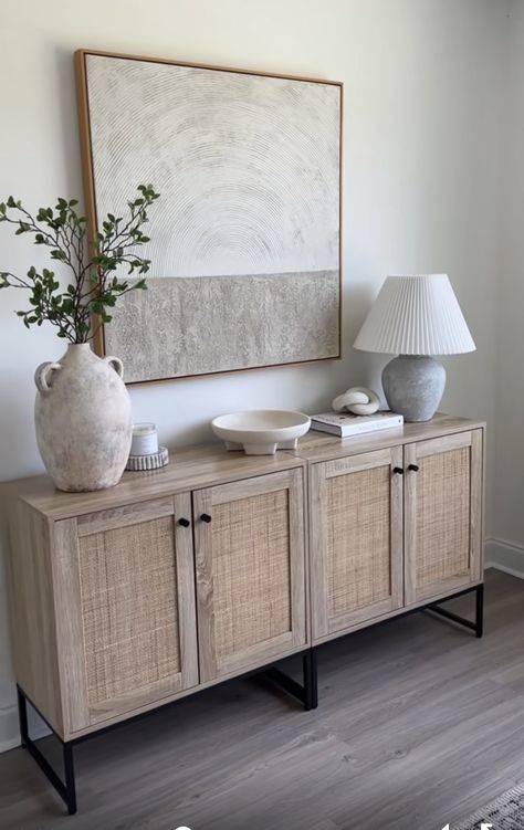 Living Room Buffet, Cabinet Console Table, Minimalist Entryway, Rattan Cabinet, Decoration Buffet, Sideboard Styles, Cabinet Console, Rattan Doors, Buffet Table Decor