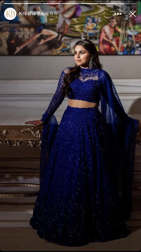 Royal Blue Sangeet Outfit, Gown For Reception Indian Bride, Blue Sangeet Outfit, Designer Lehnga Unique, Sequin Gown Indian, Dj Night Outfits For Indian Wedding, Royal Blue Indian Outfit, Sangeet Gown, Indian Wedding Reception Gowns