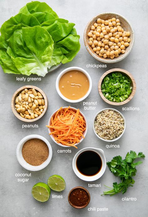 Easy Thai Lettuce Wraps with chickpea and quinoa 'meatballs' and peanut dressing are a perfect healthy and delicious vegan lunch or dinner made with everyday ingredients!  Gluten free + WFPB recipe. #healthyrecipes #veganrecipes #plantbased Black Bean Lettuce Wraps, Vegan Thai Lettuce Wraps, Vegan Veggie Wraps, Plant Based Thai Recipes, Quinoa Lettuce Wraps, Vegan Lettuce Wrap Recipes, Vegan Lettuce Salad, Hummus Lettuce Wraps, Follicular Phase Lunch Recipes