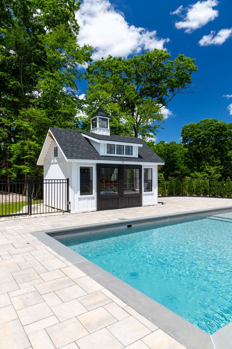 Farmhouse Carriage House, Pool House Interior Design, Eyebrow Roof, Victorian Carriage House, Farmhouse Pool House, Interior Design Beach House, Pool House Interior, Interior Design Beach, Pool Sheds