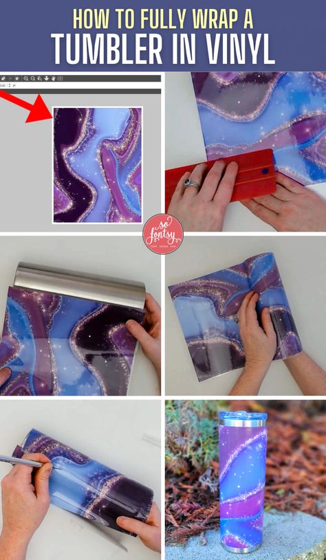 How to Fully Wrap A Tumbler in Vinyl - So Fontsy How To Wrap A Tumbler In Vinyl, How To Wrap Tumbler Cups, Vinyl Wrap Tumbler, How To Wrap A Tumbler, Tumbler Craft Room Ideas, Diy Tumbler Cups Tutorials, Sublimation Tumblers Tutorial, Epoxy Coffee Mugs, Vinyl Tumblers Ideas