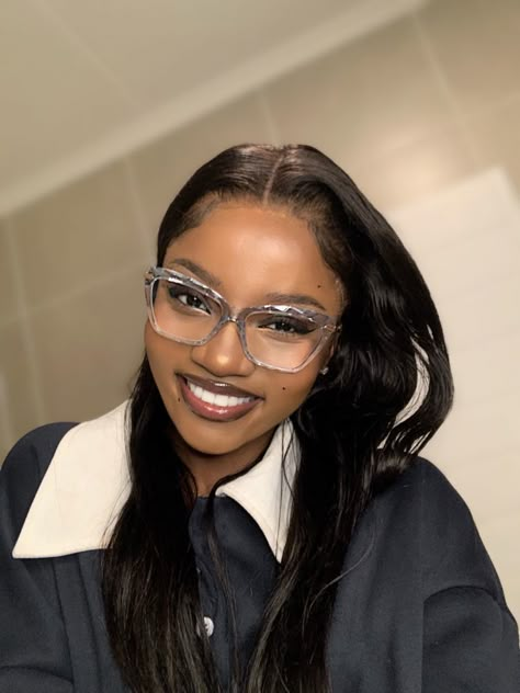 Makeup, glasses, black girl Black Women Clear Glasses, Black Eye Glasses Aesthetic, Black Women In Glasses Eyeglasses, Cute Glasses For Black Women, Makeup With Glasses Black Women, Cute Glasses Frames For Black Women, Eyeglasses Black Women, Glasses Frames For Women Cat Eye, Black Women In Glasses