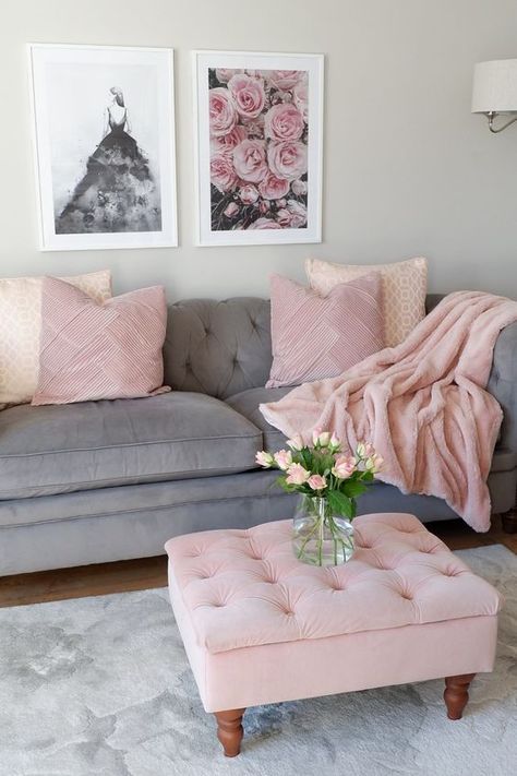 Jan's Page of Awesomeness! >. Pink And Gray Home Decor, Gray And Pink Decor, Blush Pink Home Decor, Pink And Grey Apartment Decor, Pink House Decor Living Room, Gray And Pink Living Room Decor, Pink Home Decor Living Room, Pink Furniture Living Room, Pink And Grey Living Room Ideas