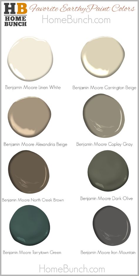 Earthy Paint Colors by Benjamin Moore Warm Paint Colors by Benjamin Moore Benjamin Moore Linen White Benjamin Moore Carrington Beige Benjamin Moore Alexandria Beige Benjamin Moore Copley Gray Benjamin Moore North Creek Brown Benjamin Moore Dark Olive Benjamin Moore Tarrytown Green Benjamin Moore Iron Mountain #EarthyPaintColors #BenjaminMoore #WarmPaintColor Bm Trailing Vines, Dark Brown Benjamin Moore, Benjamin Moore North Creek Brown, Baked Cumin Benjamin Moore, Cream Benjamin Moore Paint Colors, Benjamin Moore Chateau, Falcon Brown Benjamin Moore, Dark Green Brown Paint Colors, Benjamin Moore Rustic Colors