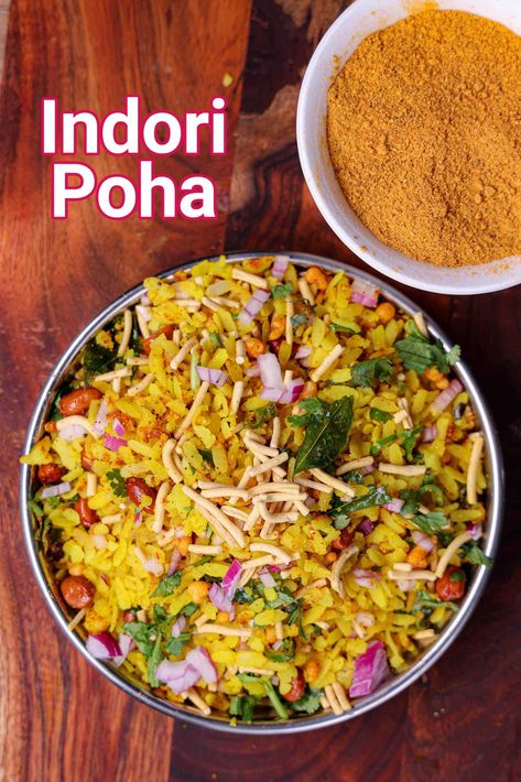 Indori Poha Recipe | Street Style Steamed Poha From Indore Indori Poha Recipe, Poha Recipes Indian, Poha Breakfast, Indian Main Course, Khaman Dhokla, Poha Recipe, Hebbar's Kitchen, Dhokla Recipe, Idli Recipe