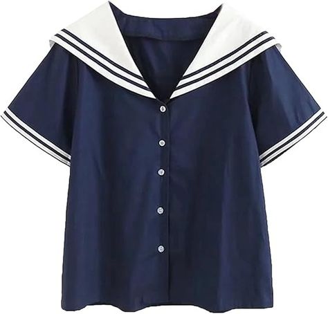 KUFEIUP Women's JK Uniform Tops Sailor Collar Buttons Down Shirt (Blue, Medium) at Amazon Women’s Clothing store Summer Japan, Sailor Moon Inspired, Sailor Shirt, Kawaii Shirts, Women Shirt Top, Navy Blue Blouse, Sailor Collar, Mori Girl, Cotton Blouses