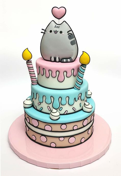 Pusheen Birthday Cake Ideas, Cat Theme Cake Kid Birthdays, Pusheen Cat Birthday Party Ideas, Pusheen Birthday Cake, Pusheen Cake, Dinara Kasko, Cat Birthday Cake, Pusheen Birthday, Kawaii Cake