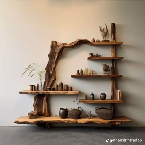 Handmade Shelves, Wood Working Ideas For Home, Wooden Room, Driftwood Art Diy, Inside Decor, Living Room Decor Inspiration, House Inside, Rustic Furniture, Diy Woodworking