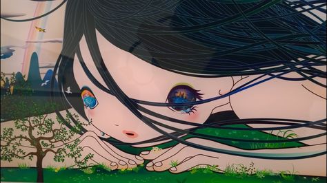 The Divine Gas by Chiho Aoshima Superflat, The Wall, A Girl, Trees, Wall, Hair, Blue, Black, Art