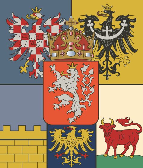 The Lands of the Bohemian Crown, often called Czech lands in modern times, were a number of incorporated states in Central Europe during the medieval and early modern periods connected by feudal relations under the joint rule of the Bohemian kings. The crown lands primarily consisted of the Kingdom of Bohemia, an electorate of the Holy Roman Empire according to the Golden Bull of 1356, the Margraviate of Moravia, the Duchies of Silesia, and the Lusatias, as well as other territories throughou... Kingdom Of Bohemia, Bohemian Crown, Early Modern Period, Holy Roman Empire, Coat Of Arm, The Bohemian, Central Europe, Roman Empire, Coat Of Arms