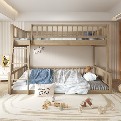 [Sturdy Construction] Made of high-quality solid pine wood and MDF with reliable construction, this bunk bed frame can last for long time use and ensure strong stability and durability. Kids Bunk Bed With Slide, Full On Full Bunk Beds, Bunk Bed Twin Over Queen, Boys Room With Bunk Beds Ideas, Floor Bed Bunk Bed, Bunk Bed Boys Room Ideas, Room Sharing With Toddler, Shared Boys Room Bunk Beds, Diy Bunk Beds For Small Spaces