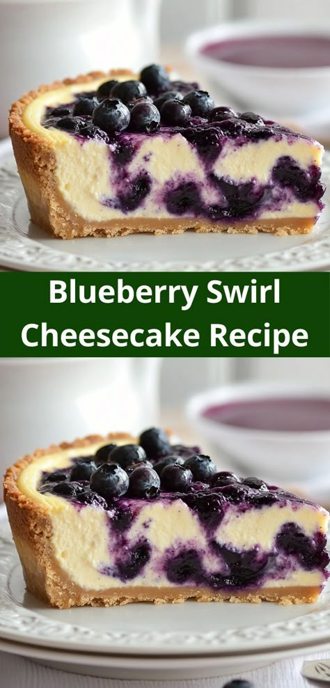 Looking for an easy dessert idea? This Blueberry Swirl Cheesecake is simple to prepare, featuring a buttery crust and a luscious blueberry topping. It’s the perfect way to impress your guests without the fuss! Assorted Cheesecake, Blueberry Swirl Cheesecake, Dessert Ideas Simple, Berry Cheesecake Recipes, Unique Recipes Desserts, Apple Bread Pudding, Easy Dessert Idea, Blueberry Cheesecake Recipe, Swirl Cheesecake