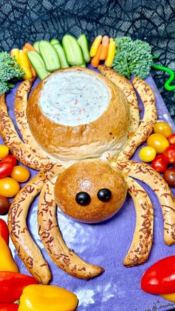 Spider Bread Bowl, Halloween Cheese Ball, Spider Bread, Kids Halloween Party Food, Black Icing, Chocolate Dipped Pretzel Rods, Dipped Pretzel Rods, Frozen Dinner Rolls, Black Food Coloring