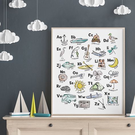 Lake Life ABC Poster for Playroom Camping Themed Nursery, Lake House Kids Room, Camping Nursery, House Kids Room, Watercolor Alphabet, Lake Theme, Lake House Wall Art, Diy Playroom, Outdoor Nursery