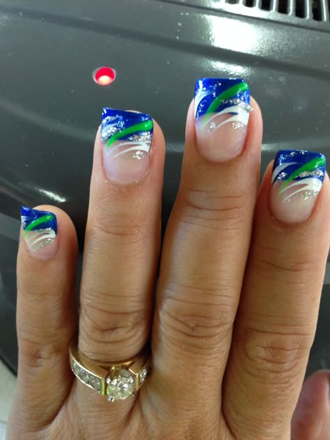 Seahawk Nails Design, Blue And Green Nails, Seahawks Nails Design Blue Green, Peacock Gel Nails, Seattle Seahawks Nails, Seahawks Nails Design, Super Bowl Nails, Seahawks Nails, St Patrick’s Day French Manicure