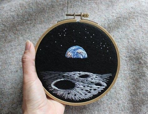 Embroidered Space, Inspiring Embroidery, Earth From The Moon, Galaxy Embroidery, Wall Embroidery, Space Embroidery, Moon Embroidery, Backpack Art, Embroidered Hoop