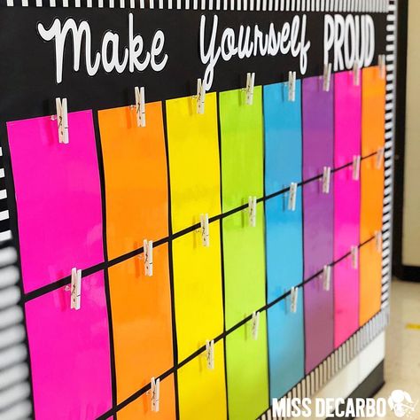 Make Yourself P R O U D! This is our student display board for the year. My students will be able to put anything on their clothespin that… Student Work Bulletin Board, Joey Udovich, White Board Ideas, Pin Board Ideas, Bright Classroom, Colorful Classroom, Classroom Board, Classroom Organisation, 4th Grade Classroom