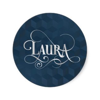 Personalized Swirly Script Laura Silver on Navy Round Stickers Laura Name Wallpaper, Laura Name, Laura Lines Calligraphy, Name Stickers Personalized, Baby Reindeer, Magazine Mockup, Name Sticker, Name Letters, Sticker Designs