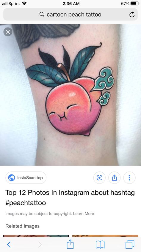 Cartoon Peach Tattoo, Peach Tattoo, Mini Tattoo, Funny Fruit, Sweet Tattoos, Female Cartoon, Mini Tattoos, Tattoos And Piercings, Paw Print Tattoo