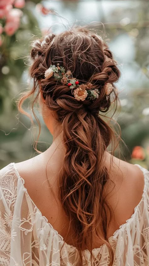 Boho Wedding Hair Flowers, Boho Updo Hairstyles, Flower Child Hair, Boho Bridesmaid Hair, Hair For Prom, Lady Locks, Wedding Day Looks, Boho Updo, Boho Bridal Hair