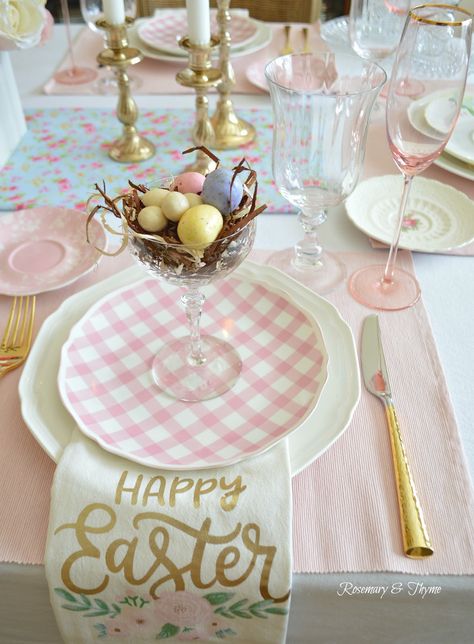 Entertaining, Easter Table Setting Easter Place Setting, Gingham plates, Pink table, Shabby chic table, Farmhouse table, Cottage style table, mesa, vintage table, dinnerware Easter Tablescape Ideas, Colorful Easter Table, Diy Osterschmuck, Easter Table Setting, Easter Place Settings, Easter Crafts For Adults, Easter Entertaining, Tafel Decor, Easter Table Settings