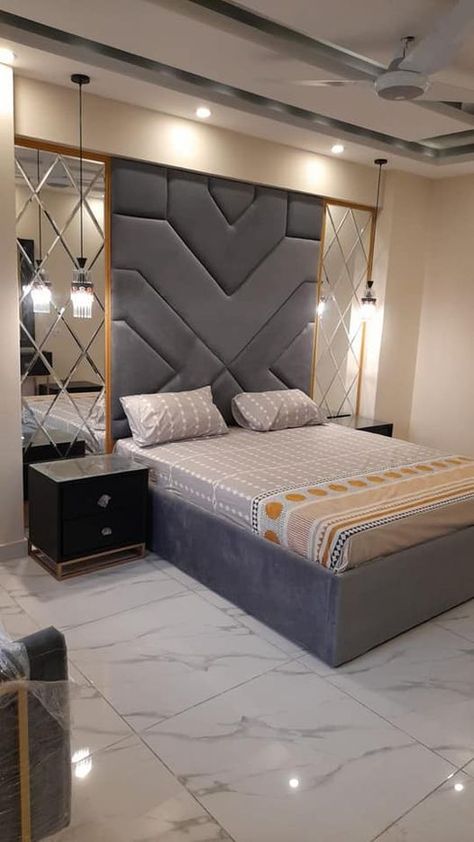 Here is the beautiful wall penal bedroom set along with cushion tufting work to moderte home beauty! Bedroom Design Styles, Luxury Room Bedroom, Bedroom Interior Design Luxury, Corner Sofa Design, Bedroom Door Design, Modern Bedroom Interior, Bedroom False Ceiling Design, Bedroom Decor Design, House Furniture Design