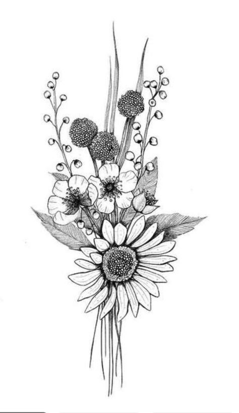 Wildflower Tattoo Linework, Wildflower Tattoo Drawing, Black And White Bluebonnet Tattoo, Geometric Wildflower Tattoo, Wildflower Tattoo Designs Sketches, Western Flowers Drawing, Wild Flower Tattoo Stencil, Autumn Floral Tattoo, Trailing Flower Tattoo