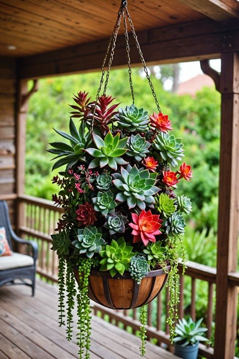 Succulent Gardens Ideas, Cactus Design Ideas, Succulent Ideas Outdoors, Succulent Landscape Design Backyards, Succulent Gardens Outdoor, Hanging Succulents Outdoor, Succulent Hanging Basket, Outdoor Succulent Garden, Suculentas Ideas