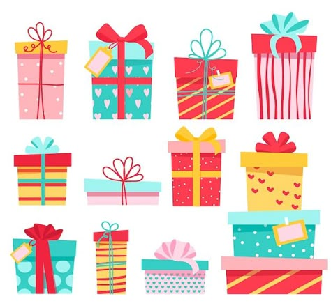 A set of colorful gifts, many different ... | Premium Vector #Freepik #vector #gift-package #birthday-gift-box #surprise #ribbon-box Christmas Presents Illustration, Valentines Day Package, Cute Boxes, Christmas Sketch, Png Overlays, Free Christmas Gifts, Valentines Day Cartoons, Cardboard Gift Boxes, Winter Images