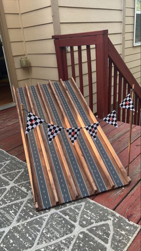 Race Car Ramp Diy, Diy Car Ramps For Kids, Diy Race Track For Kids, 1st Lap Around The Track Birthday, Finish Line Banner, Wooden Race Track, Diy Car Ramps, Racing Birthday, 2nd Birthday Party For Boys