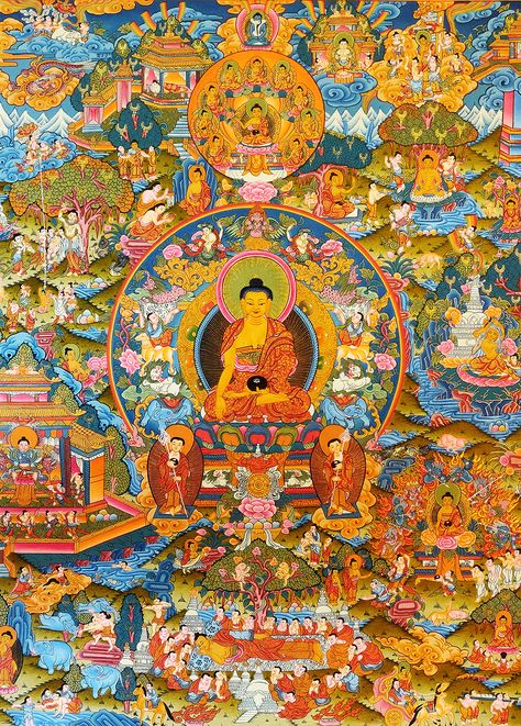 Life of Buddha Thangka Paintings are not just a mere illustration of the main episodes of the historical Siddhartha and his progress towards the achievement of spiritual enlightenment. They are considered to be a visual representation of several philosophical aspects of the esoteric Buddhism as well. Hindu Spiritual Art, Siddharth Gautam Buddha, Buddhism Aesthetic, Buddha Illustration, Life Of Buddha, Buddhist Painting, Buddha Canvas Art, Buddhist Artwork, Theravada Buddhism