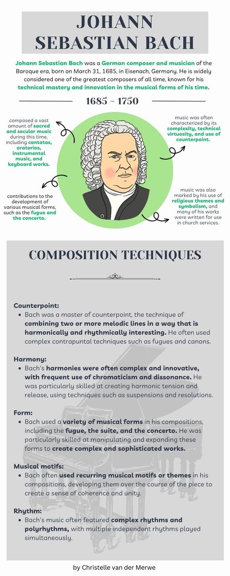 The infographic provides insight to the basic biographical information of Baroque composer , Johann Sebastian Bach, as well as his composition techniques. Appreciation Activities, Bach Music, Music Knowledge, Music Facts, Baroque Composers, Composing Music, Music Theory Piano, Baroque Music, Music Engineers