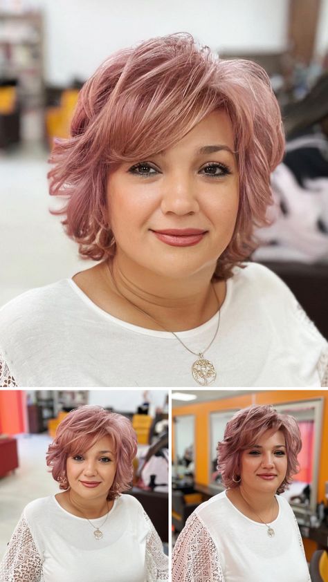 Blonde With Red Lowlights Hair Rose Gold, White Hair With Rose Gold Highlights, Rose Gold On Grey Hair, Rose Gold Highlights Short Hair, Rose Gold Gray Hair, Rose Gold And Grey Hair, Hair Colour Ideas For Brunettes Short, Barrets Hairstyles Short Hair, Rose Gold Hair Blonde Short