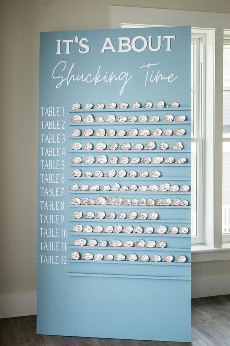 Wedding Idea Beach, Wedding Seating Chart Oysters, Modern Nautical Wedding Inspiration, It’s About Shucking Time, Cape Cod Wedding Seating Chart, Cape Cod Wedding Centerpieces, Formal Coastal Wedding, Beach Wedding New England, Wedding Shell Decor