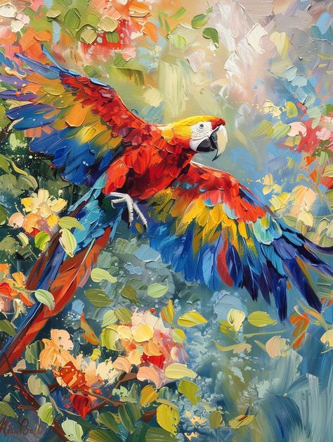 Macaw Parrot Flying with Blooming Flowers - Vintage Oil Painting Macaw Parrot Painting, Parrot In Flight, Macaw Painting, Parrot Flying, Parrot Painting, Inspirational Digital Art, Colorful Oil Painting, Macaw Parrot, Impressionist Art