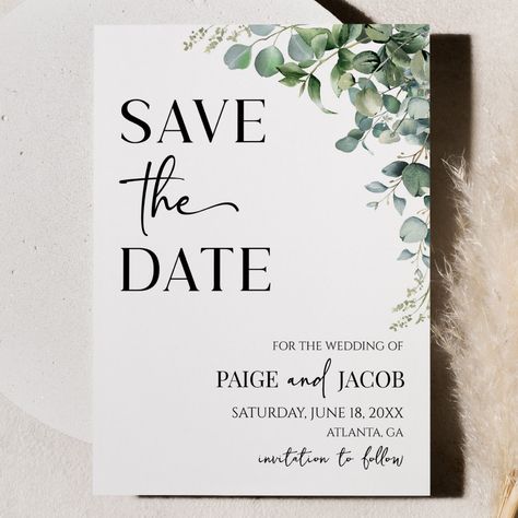 Wedding Invitations With Greenery, Save The Date Greenery, Save The Date Eucalyptus, Save The Date Botanical, Eucalyptus Save The Date, Save The Date Ideas Sage Green, Wedding Invitations Eucalyptus, Save The Date Green, Green Eucalyptus Wedding