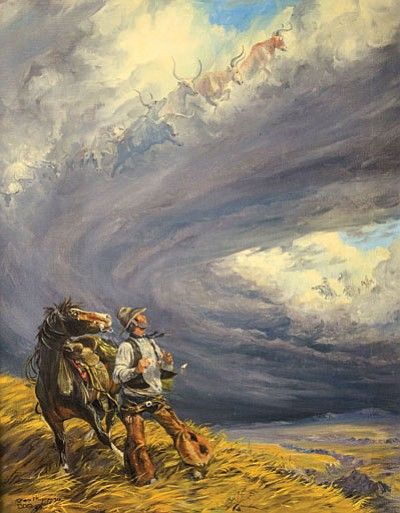 In the late 1940s, when the song, “Ghost Riders in the Sky,” became a hit, a friend of artist George Phippen’s suggested he do a painting of the musical story. Phippen, who died in 1966 and was a founder of the Cowboy Artists of America, kept playing the song for the entire 39 hours he worked on the painting, which he named “The Devil’s Herd.” He entered the painting in the Yavapai County Fair, where it won first prize. Sen. Barry Goldwater presented the blue ribbon to Phippen. The painting was Ghost Riders In The Sky, Riders In The Sky, Cowboy History, Sky Tattoos, Cowboy Artists, Western Artwork, Western Paintings, Sky Artwork, Cowboy Art