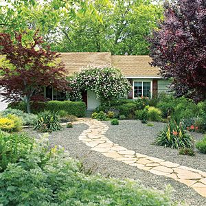 21 inspiring lawn-free yards | Easy-care front yard | Sunset.com Lawn Free Yard, Low Water Landscaping, Fall Landscaping, Garden Escape, Drought Tolerant Landscape, Farmhouse Landscaping, Beautiful Yards, Stone Path, Front Yard Garden