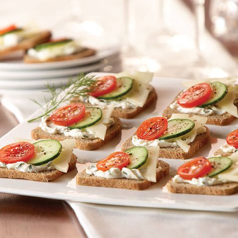 Cucumber & Swiss Rye Bites Image Appetizers For Large Crowds, Rye Bread Appetizers, Popular Appetizers, Cold Appetizers, Bread Appetizers, Feeding America, Cooking For A Crowd, Rye Bread, Tea Sandwiches