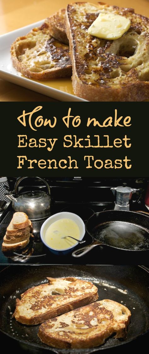 How to make the best easy french toast recipe using any type of bread. This recipe is easily scaled to feed one person or a big crowd and is cooked in a skillet or on a griddle instead of baked. It is fast and easy to make with ingredients that most people already have on hand. This is the basic french toast recipe that everyone should have memorized! | pinchmysalt.com Breakfast Casserole With Potatoes, Skillet French Toast, Basic French Toast, Casserole With Potatoes, Breakfast Casserole French Toast, Breakfast Skillet Recipes, Easy French Toast Recipe, Best French Toast, Camping Breakfast