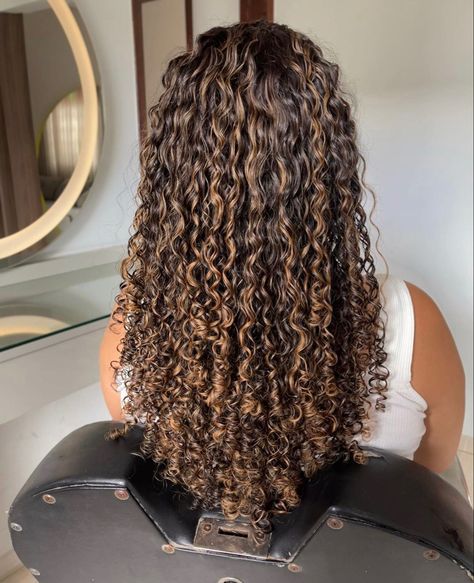 High Light Curly Hair, Brown Hair Colors With Highlights Curly, Brown Hair With Highlights On Curly Hair, Honey Balayage On Dark Hair Curly, Highlits Curly Hair, Honey Brown Hair Curly Highlights, Carmel Curly Highlights, Curly Highlights Brown Hair, Curly Hair Brown With Highlights